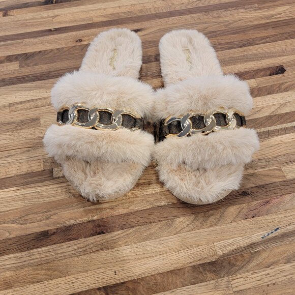 Michael Kors Scarlett Chain Cozy Faux Fur Slippers in camel multi color - Picture 3 of 16